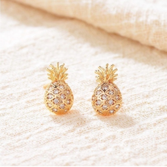 GOLD 14k Gold Plated Pineapple Cubic Zirconia Stud Earrings - Picture 3 of 4